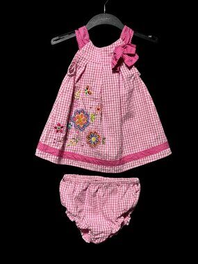 Youngland Girls 12 Month Pink Gingham Seersucker Dress‎ & Diaper Cover Set